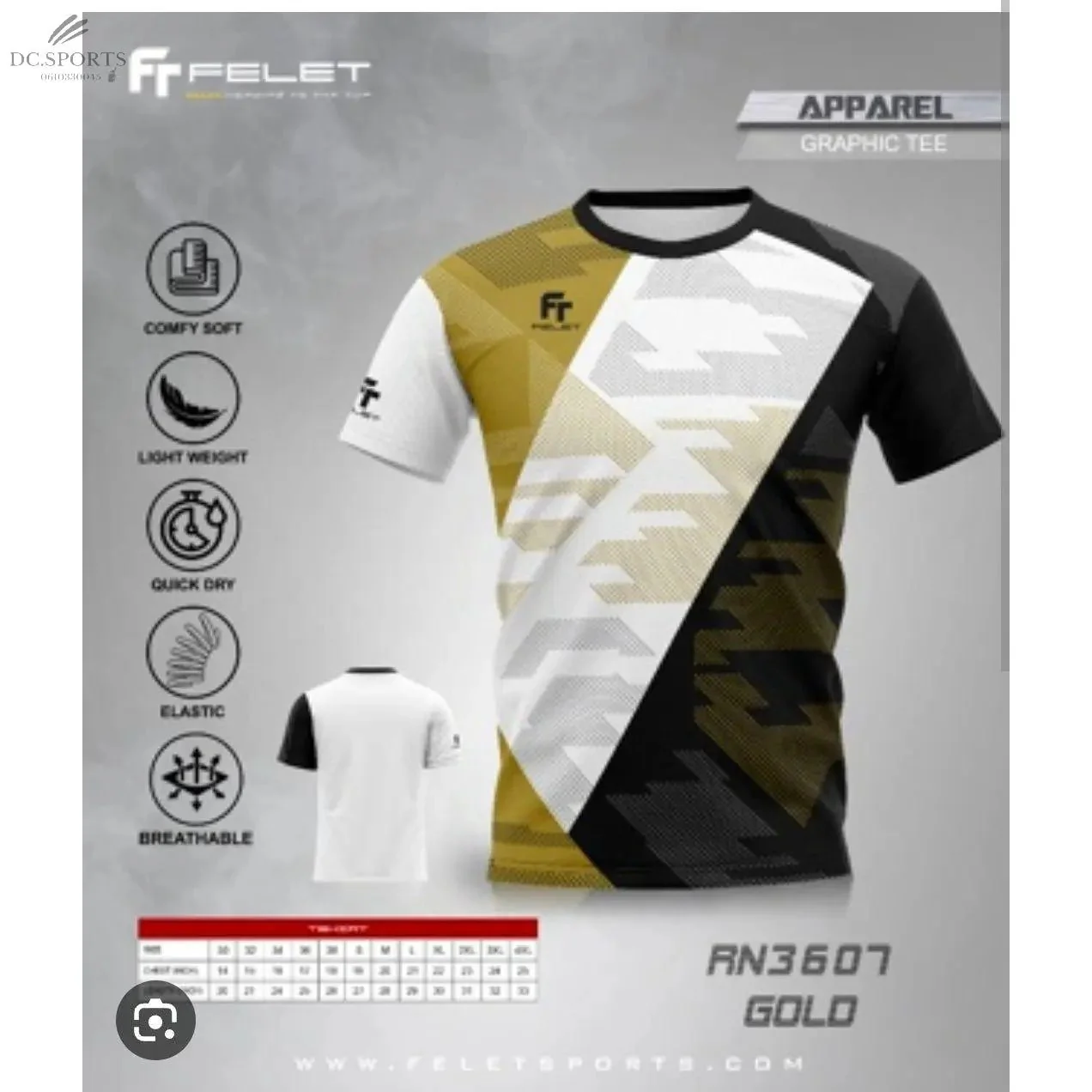 T-Shirt Unisexe Felet RN 3607 Or – Design Épuré, Technologie Dry Fit, Motif Blanc et Noir